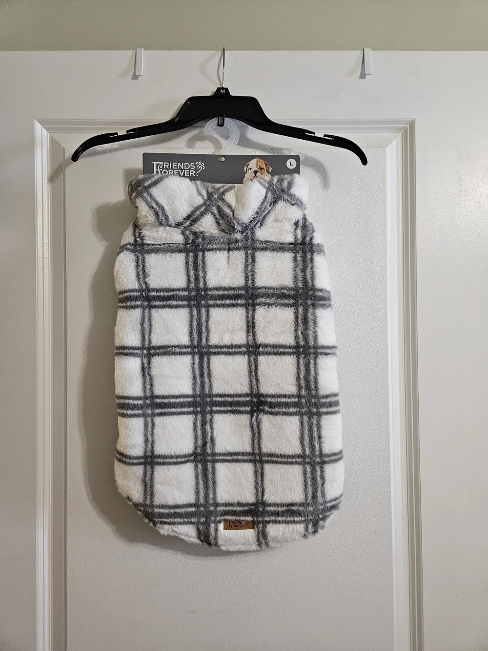 Plaid Fleece Pet Coat in White and Gray, Size L